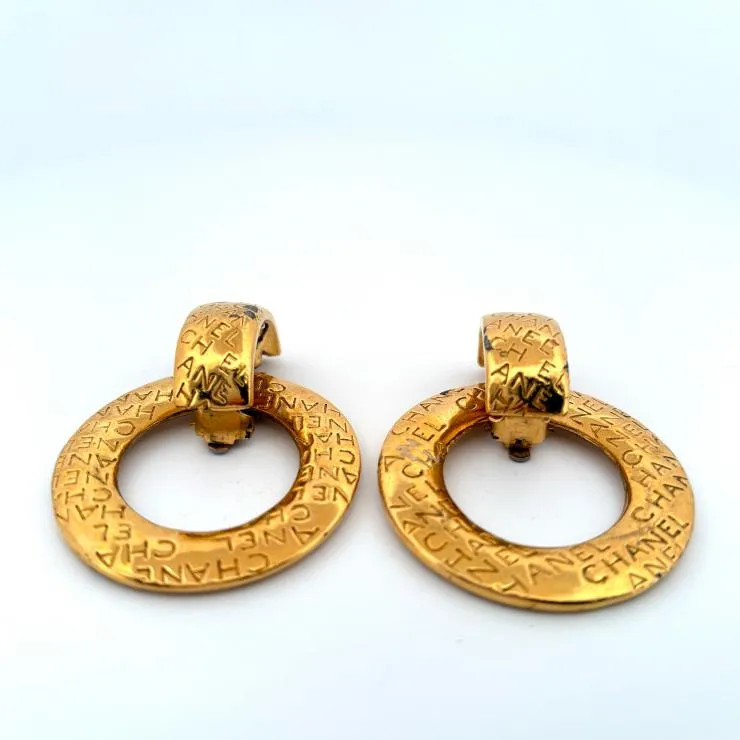 CHANEL Vintage Logo Hoop Earrings 2WAY Gold Plated Auth Japan