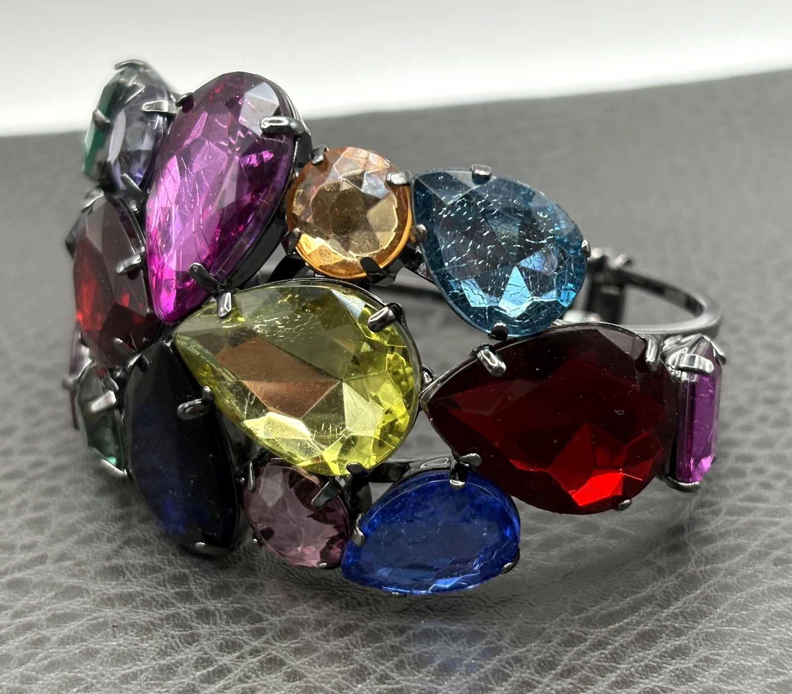 Multicolor Faceted Glass Rhinestone Hinged Bangle Bracelet Statement Piece