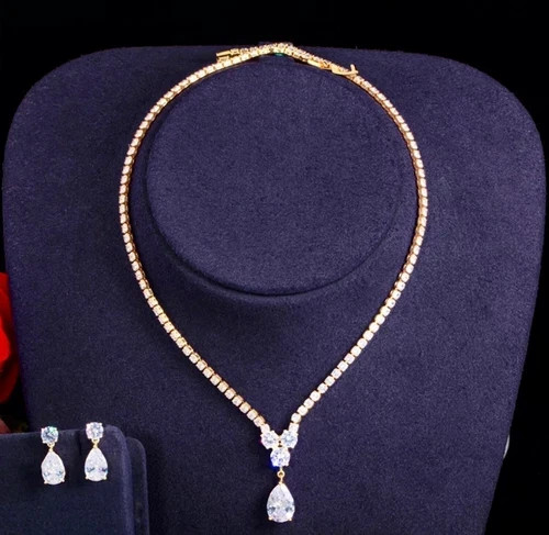 18k Gold Plated Tennis Necklace Earrings Made Simulated Diamond Bridal Jewelry