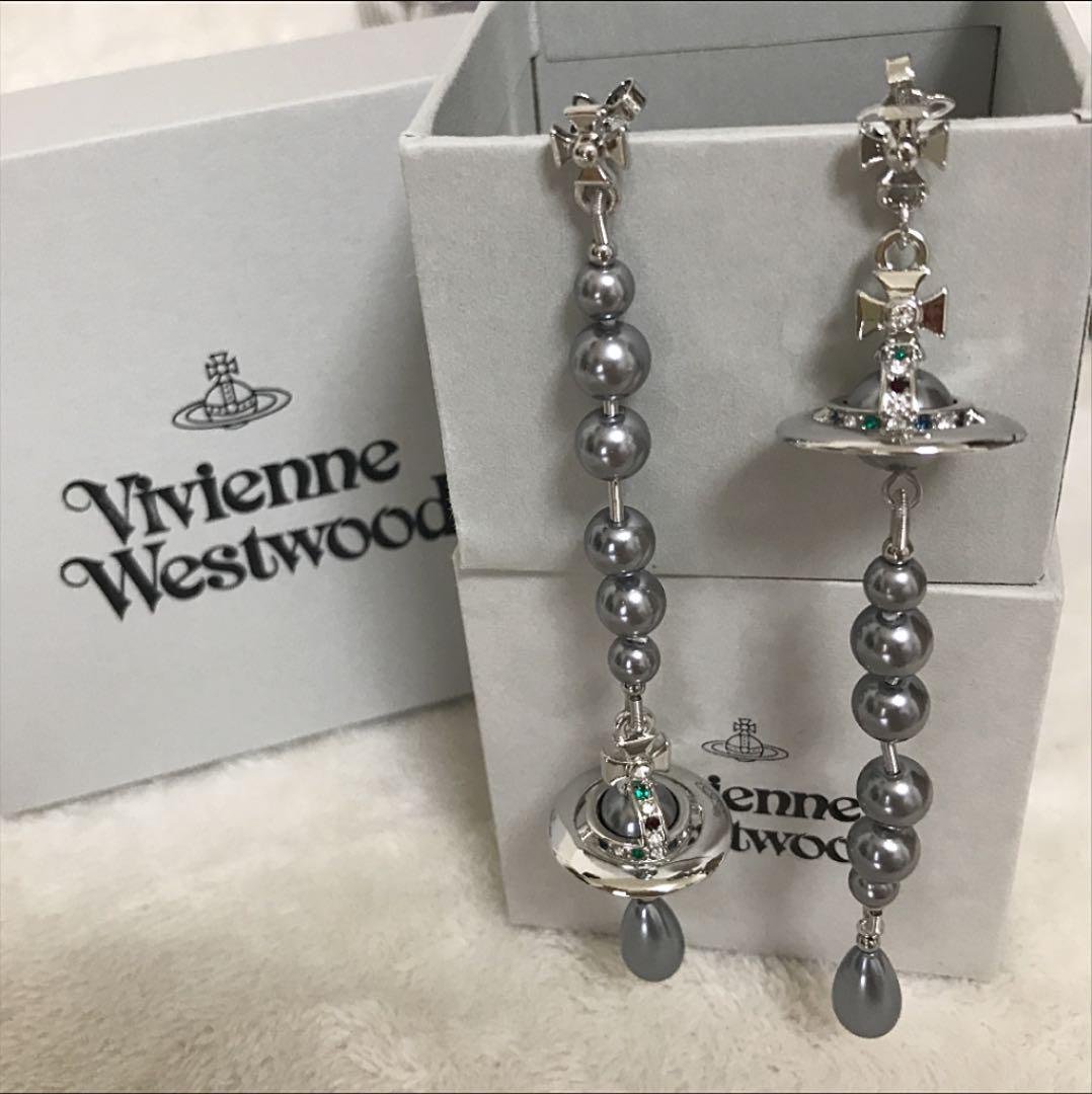 Vivienne Westwood long orb pearl earrings Gray NO BOX [E05008
