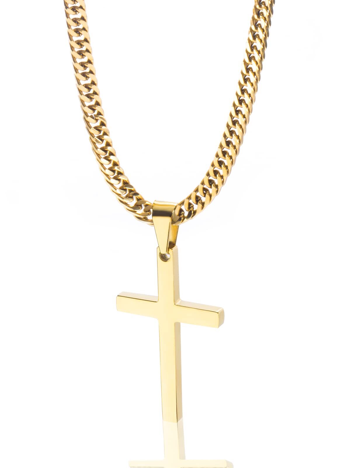 Men Cross Necklace Silver Gold Stainless Steel Boy Plain Pendant Cuban Chain