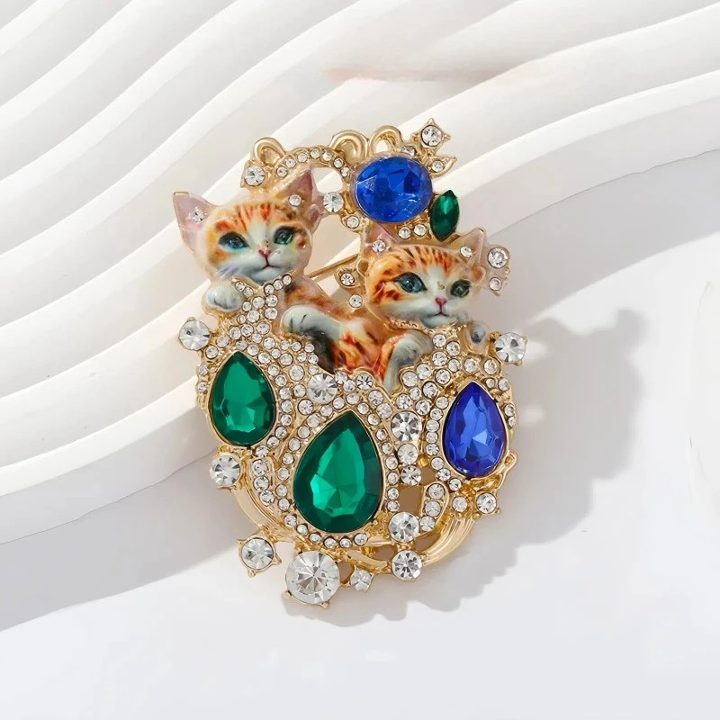Retro Rhinestone Studded Double Cat Brooch High-end Luxury Women’s Pin Accessory