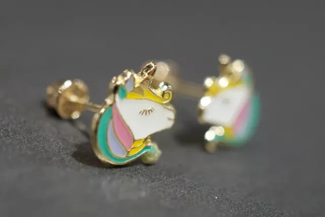 14K Solid Yellow Gold Plated Enamel Unicorn Head Face Screw Back Stud Earrings