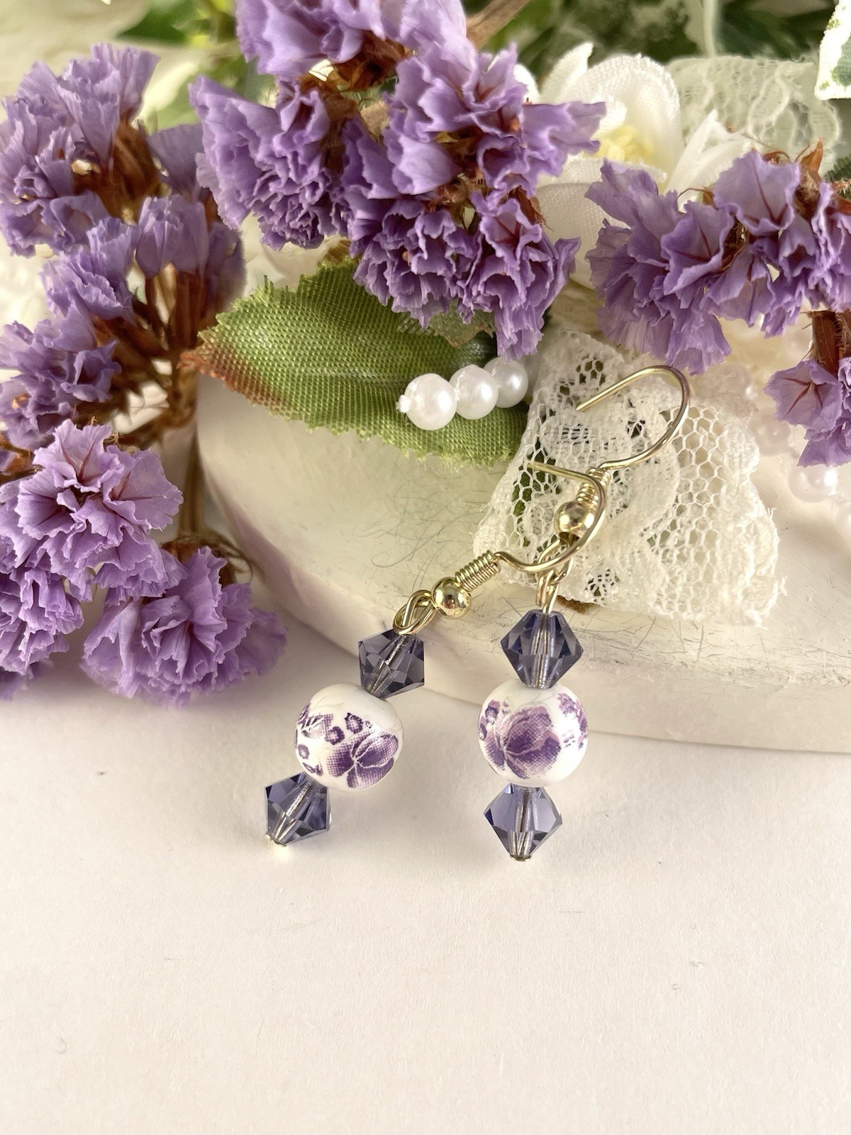 White Purple Crystal Flower Drop Earrings Casual Artisan Jewelry 18k Gold Plated