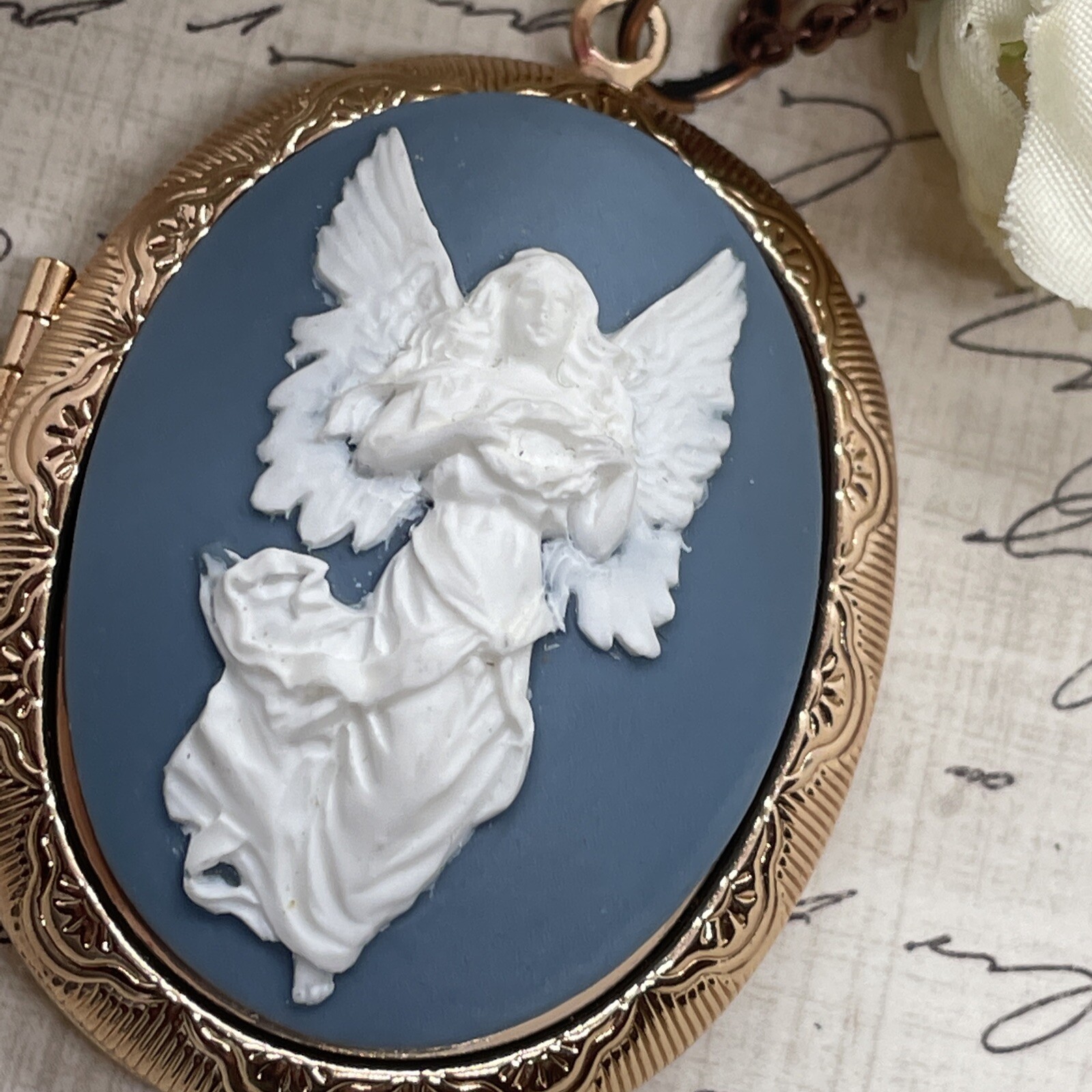 Blue White Angel Wedding Anniversary Birthday Rose Gold gift Bridal Photo Locket