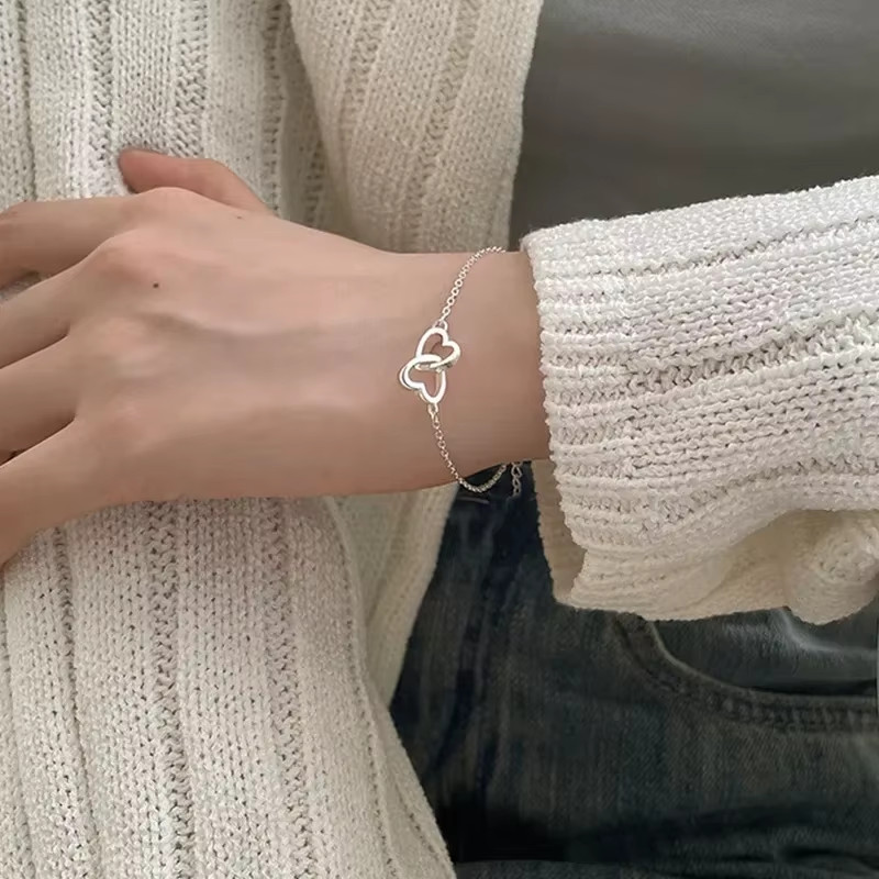 Vintage 925 Sterling Silver Thick Chain Bracelet Heart Pendant Trend Cute Bangle