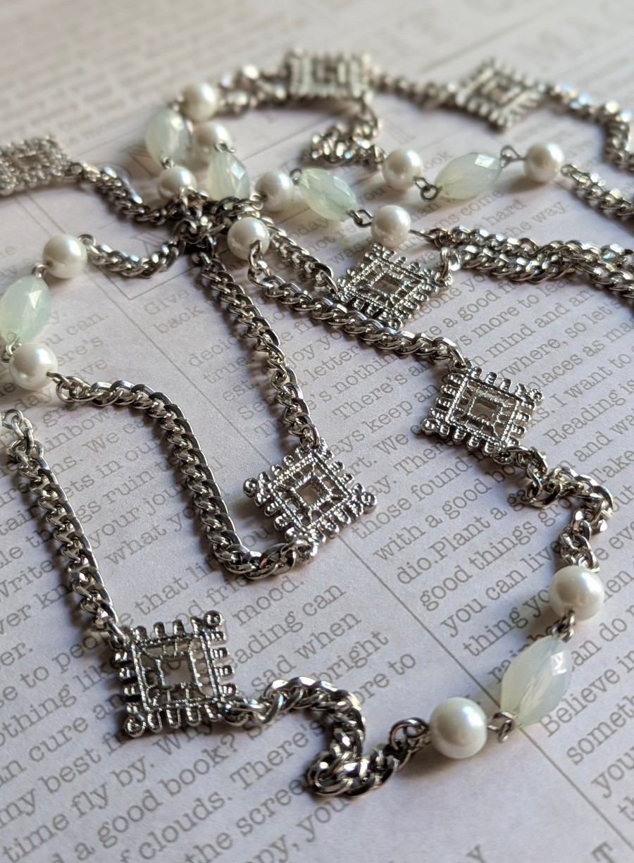 Silver Tone 2 Strand Long Necklace Faux Pearl White Beads Geometric Station 32″