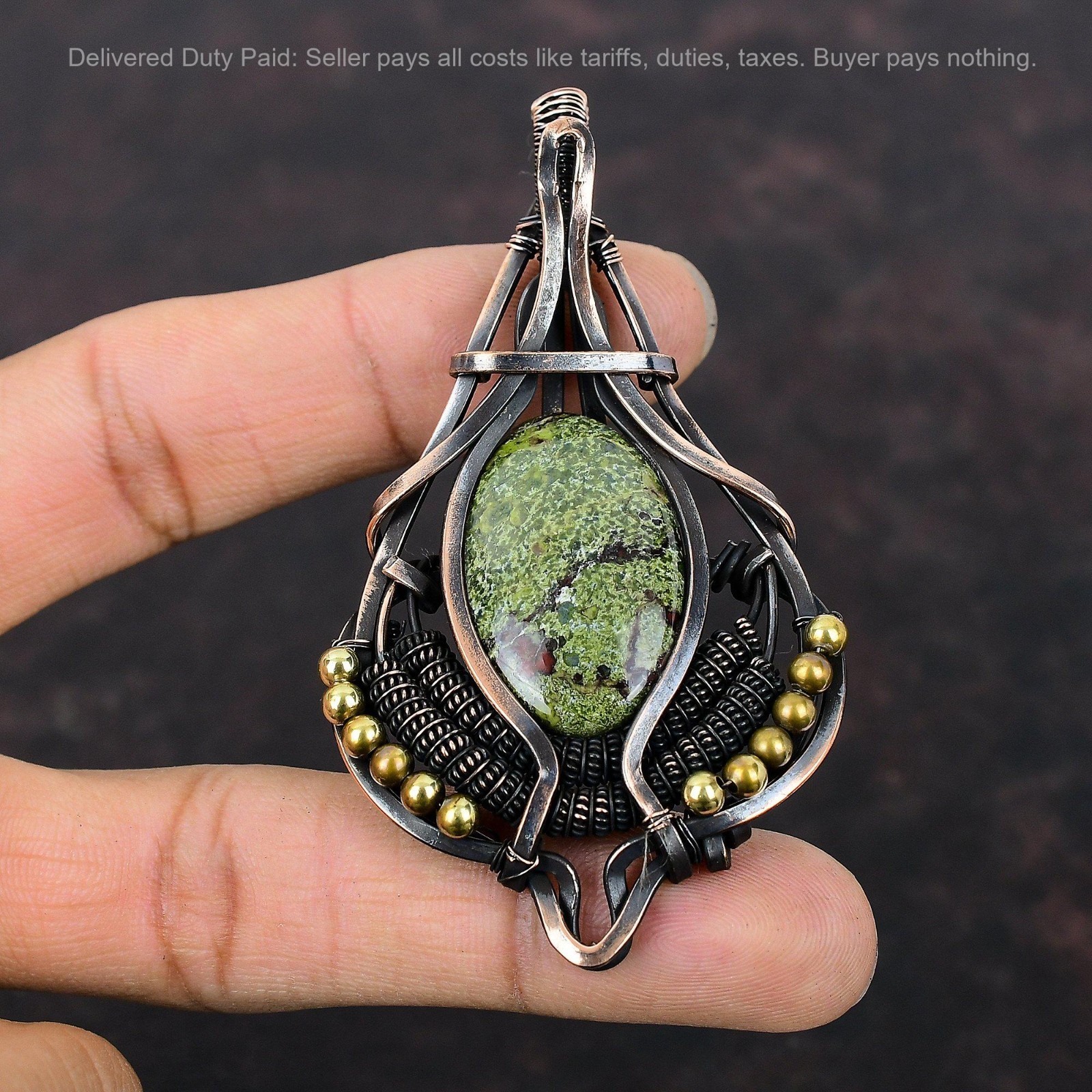 New Year Sale Oval Natural Dragon Bloodstone Copper Wire Wrapped Pendant Jewelry