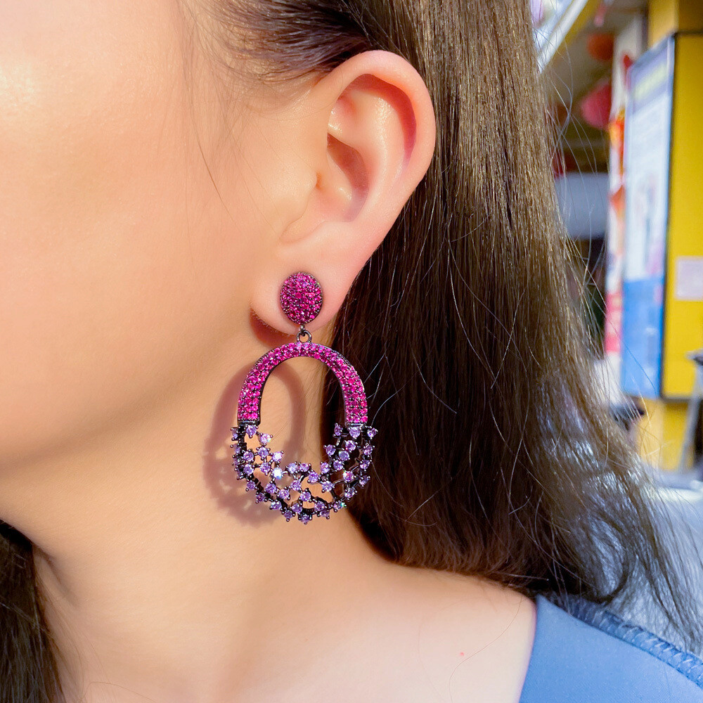 Lady Gorgeous Black Gold Plated Hot Pink Purple Zircon Long Dangle Drop Earrings