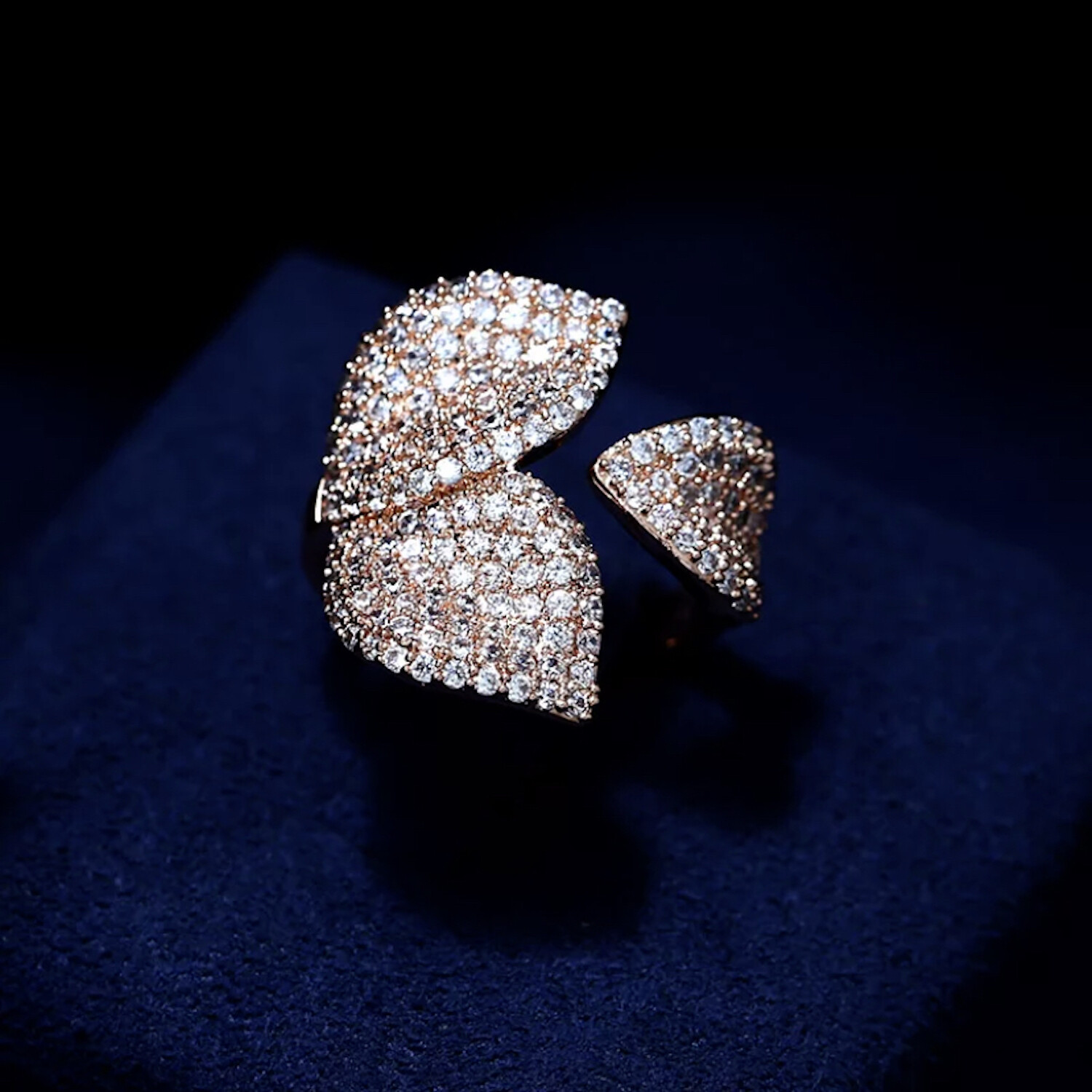 18k White Gold Plated Leaf Adjustable Ring made w Swarovski Crystal Stone