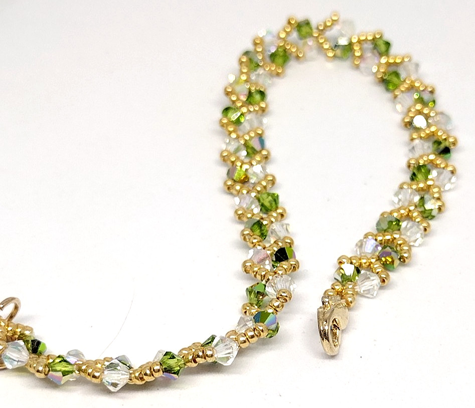 6-inch Bracelet 3mm Crystal Green/White Sparkly Bicone Beads/Gold Miyuki Beads