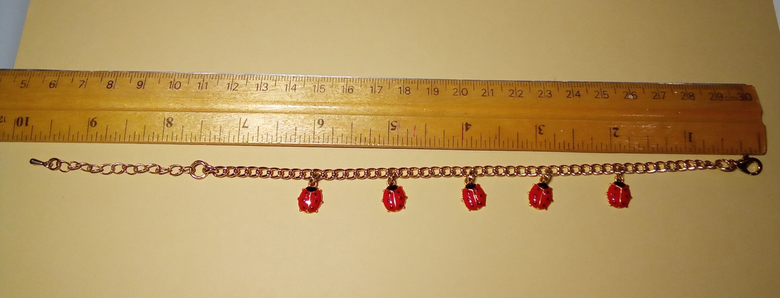 Ladybug Bracelet Gold tone chain 5 red black enamel charms ext chain Summer CUTE