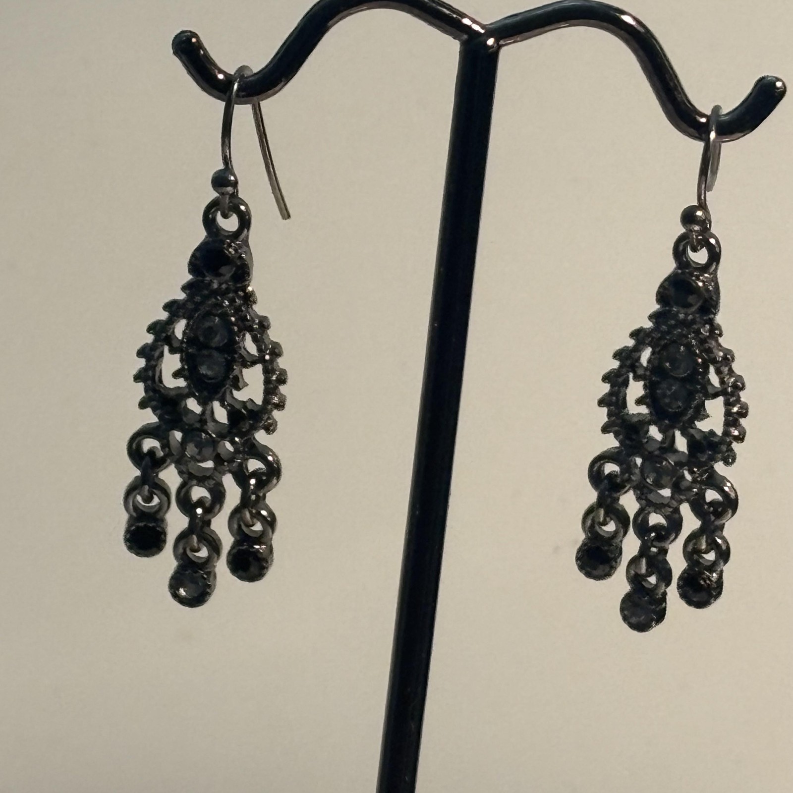 Vintage Black Chandelier Dangle Drop Earrings Clear Rhinestone Teardrop Boho