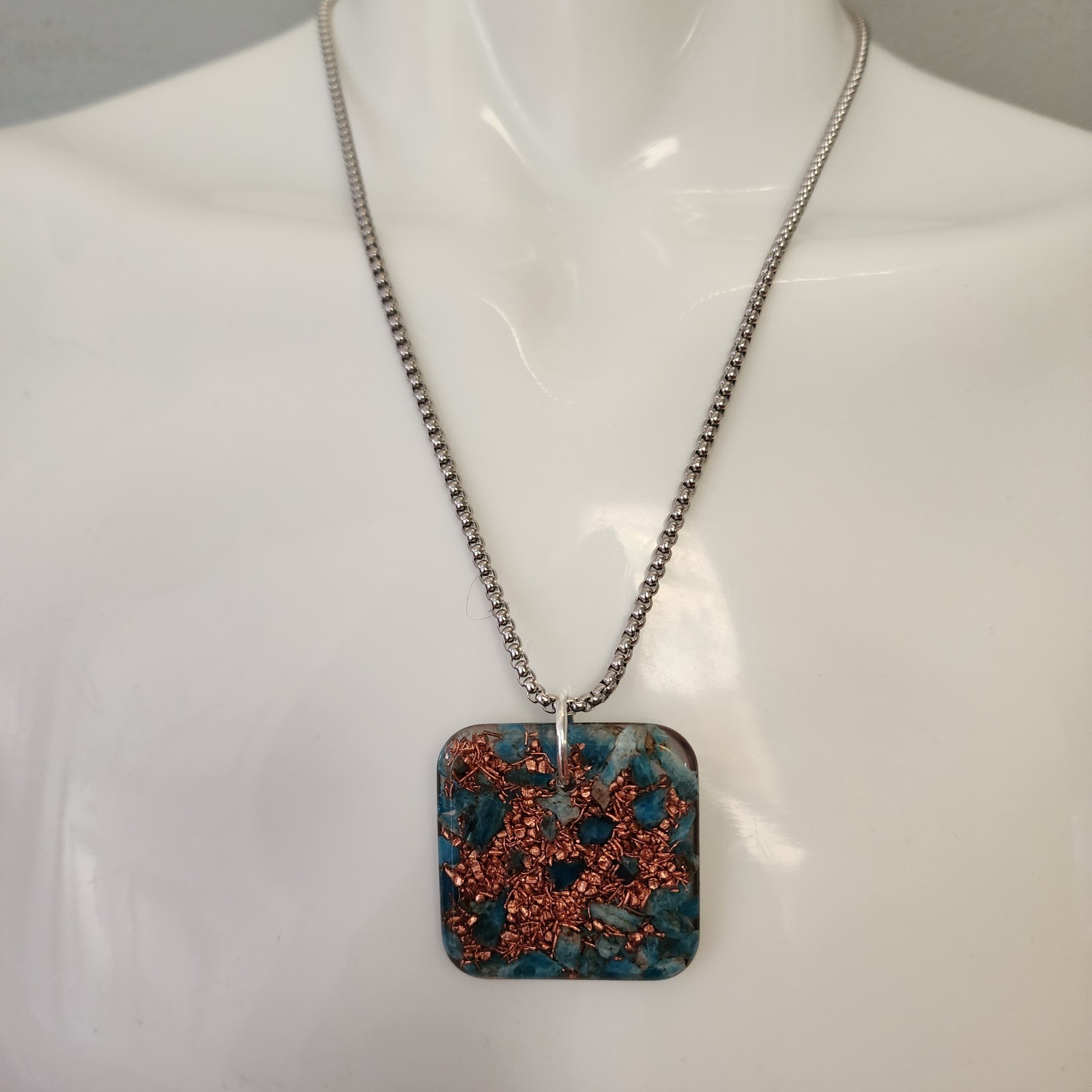 Square Orgonite Pendant with Apatite & Copper, Stainless Steel Chain 24″