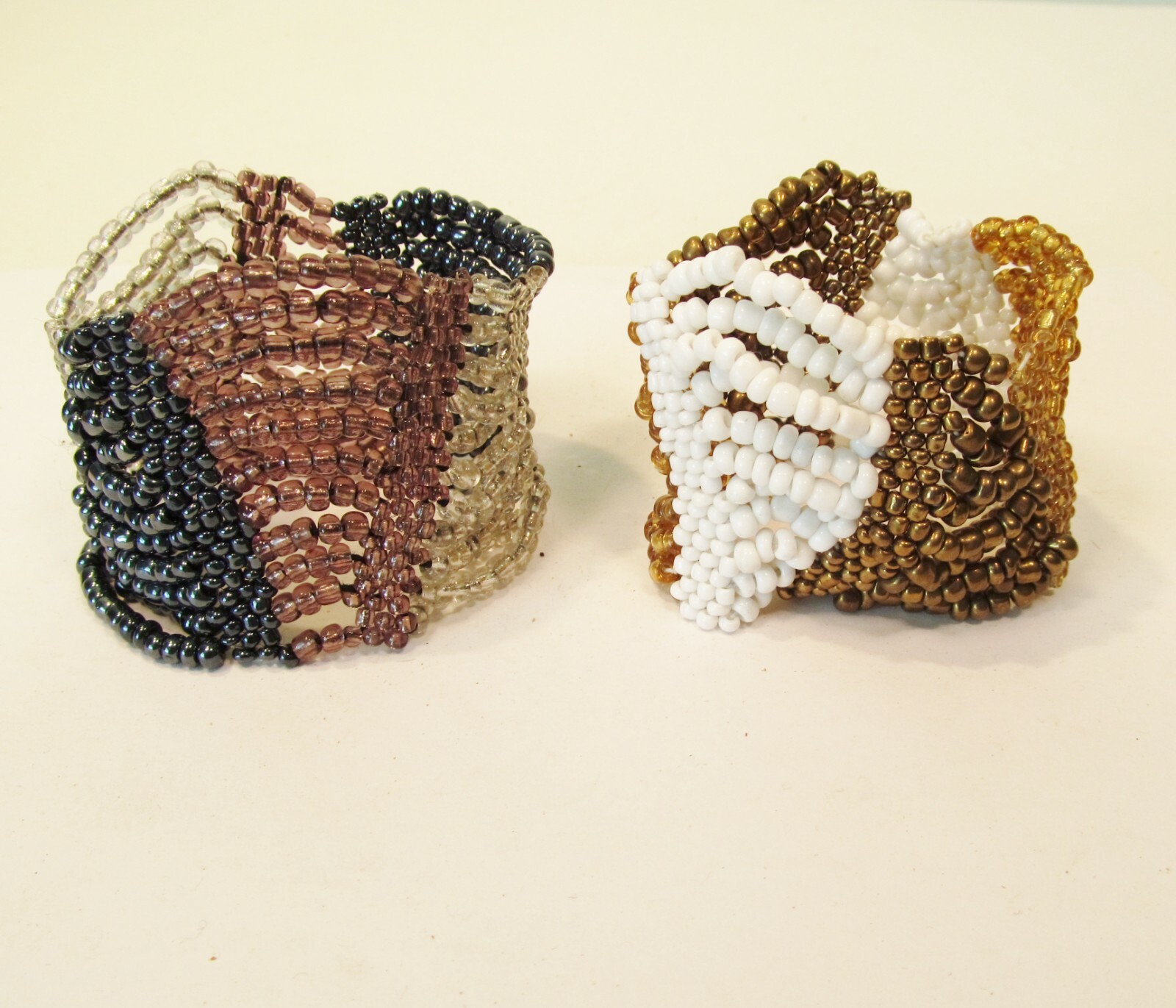 Set of 2 Purple Gold Multi Strand Handmade Swag Stretch Seed Bead Bracelets