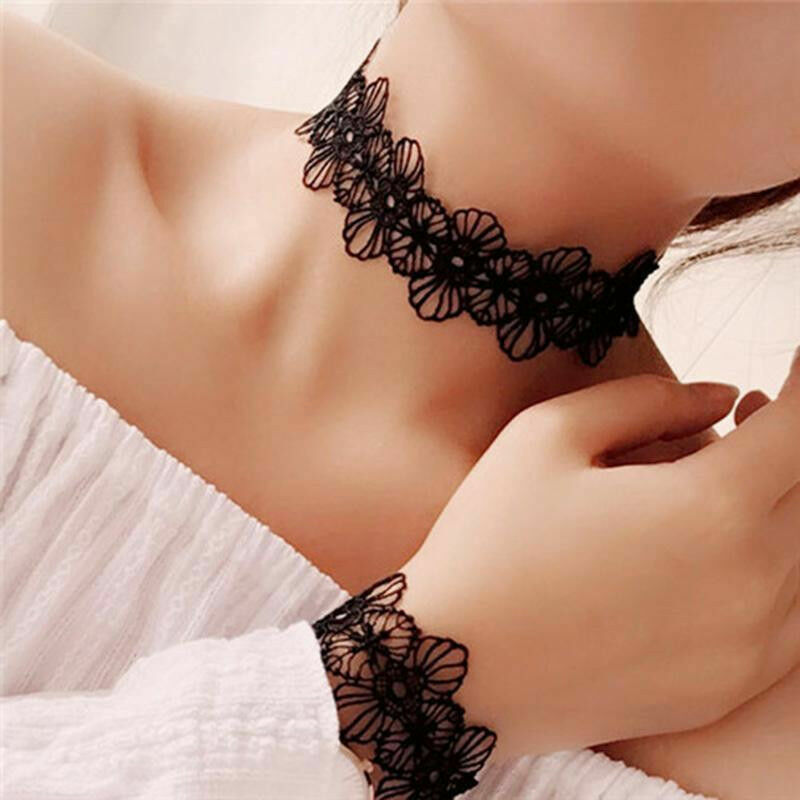 Retro Women Black Lace Flower Choker Necklace Bracelet Punk Gothic Jewelry Set