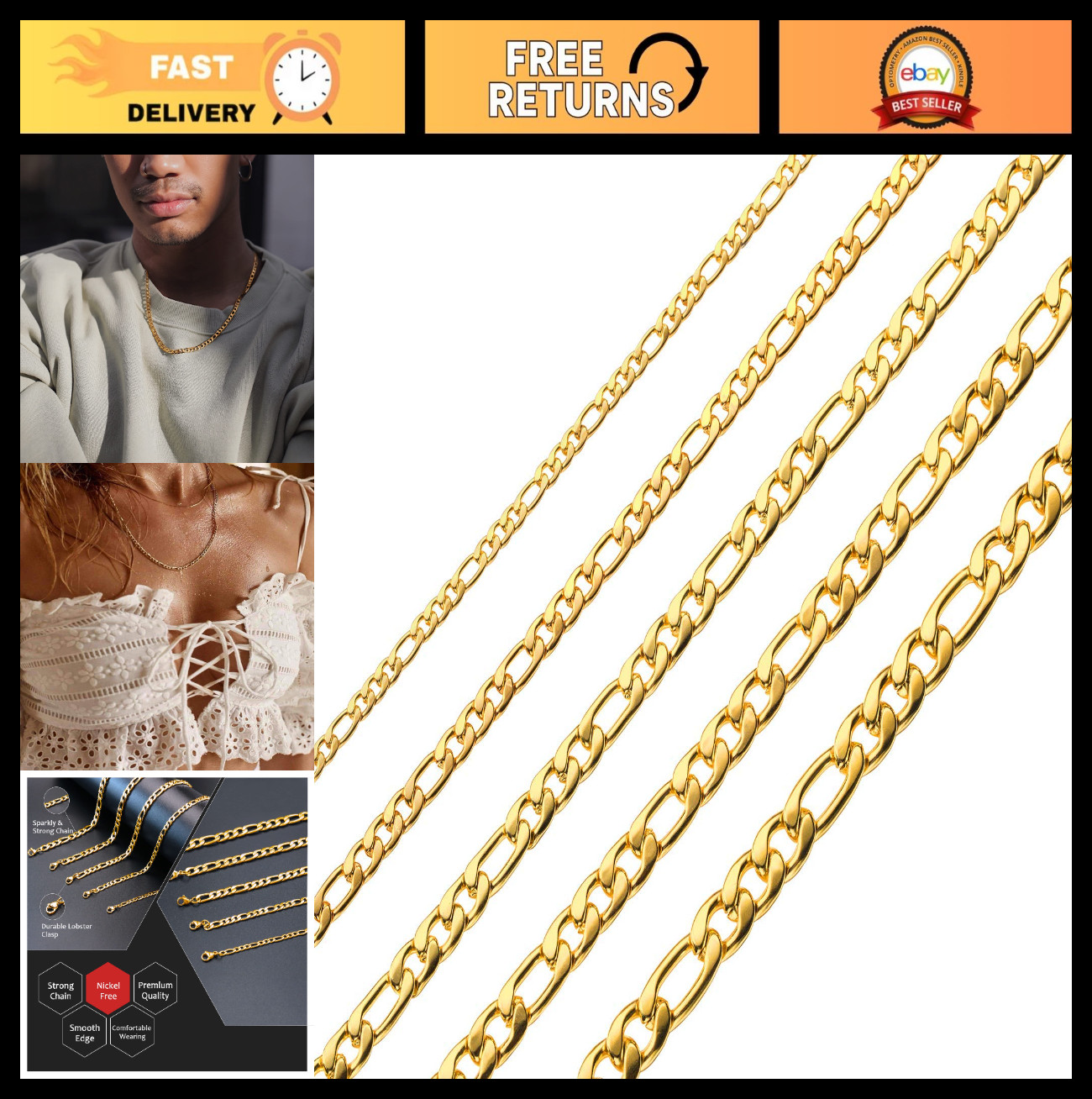 24K Gold Plated Figaro Chain Necklace for Men & Women – Stainless Steel Jewelry