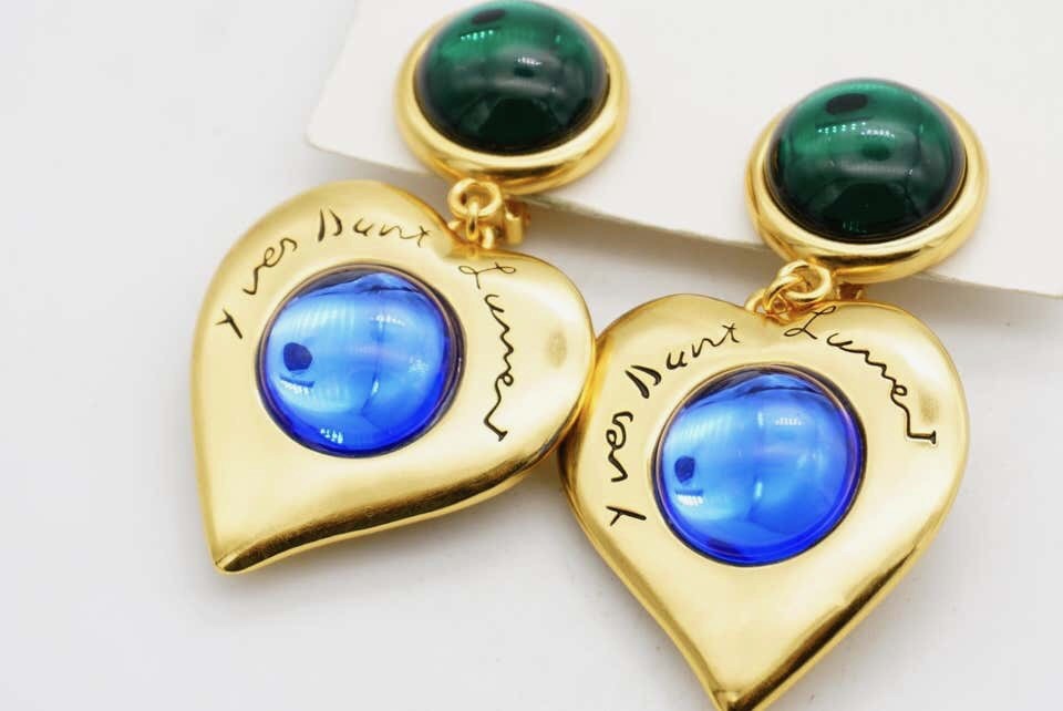 Yves Saint Laurent YSL Gripoix Emerald Sapphire Heart Logo Double Drop Earrings