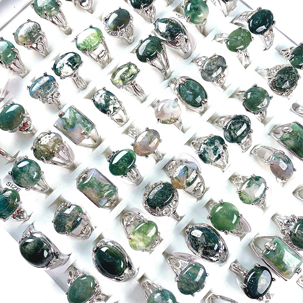 Wholesale Jewelry 12Pcs Natural Stone Moss Agate Gemstone Silver Plated Rings