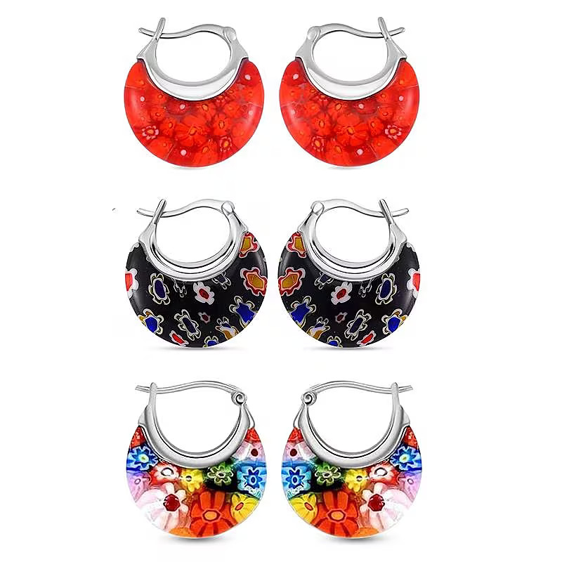 Set of 3 Red, Black and Multi Color Murano Style Basket Earrings in Stainless