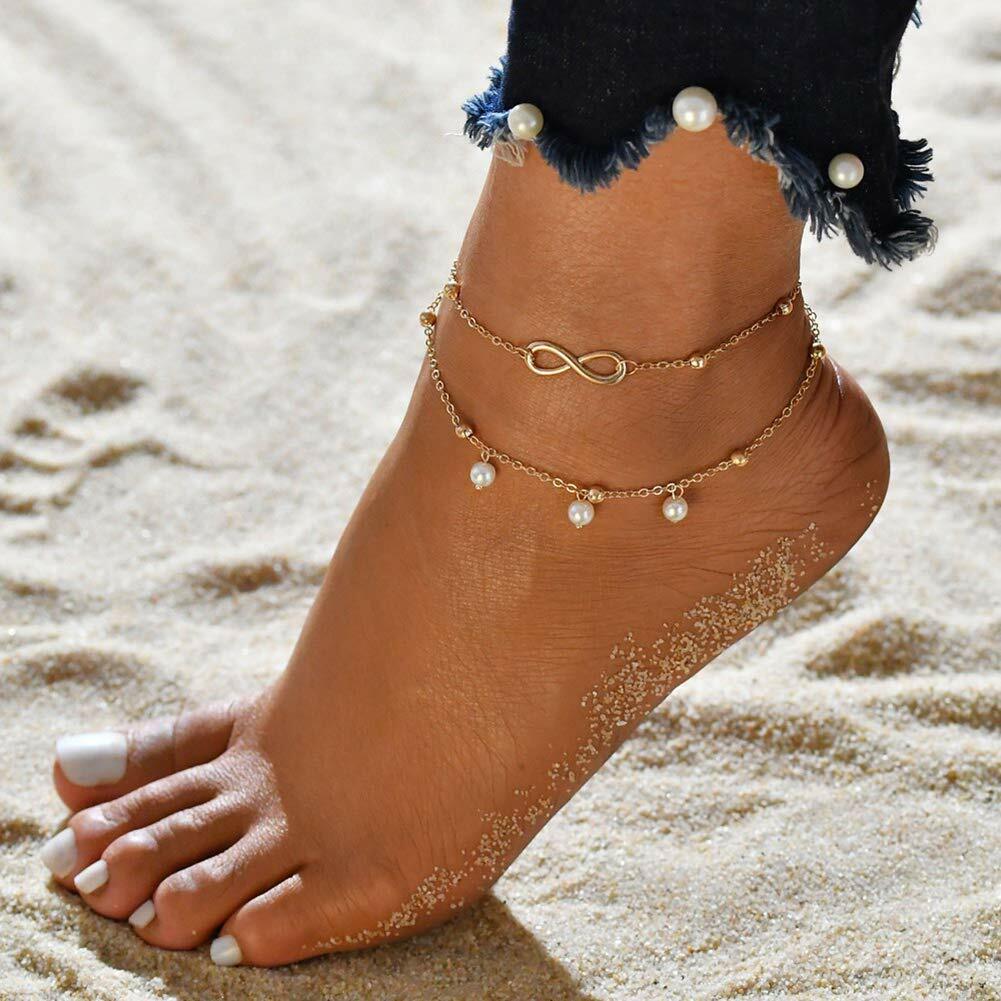 Women Double Ankle Bracelet 925 Silver Anklet Foot Jewelry Girl’s Beach Chain