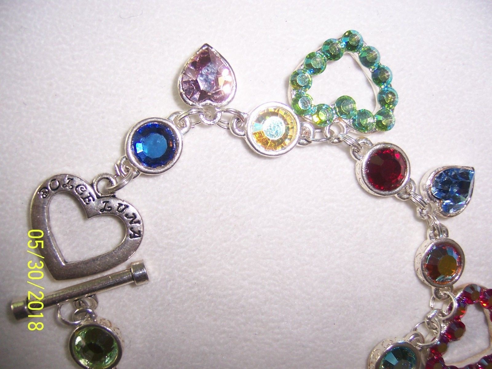 DOLCE LUNA IMPORTED MULTICOLOR SWAROVSKI CRYSTAL HEART CHARMS BRACELET NEW