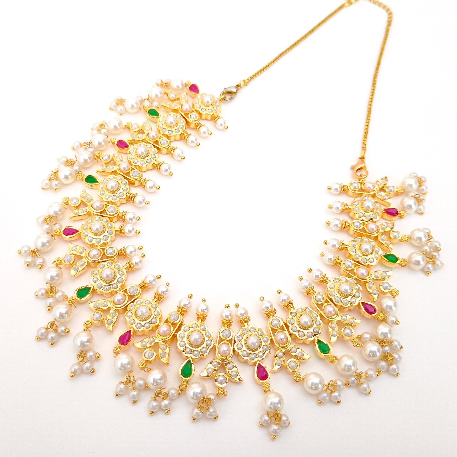 Premium Pearl & Ruby & Emerald Meenakari Necklace jewelry, Gold plated Necklace