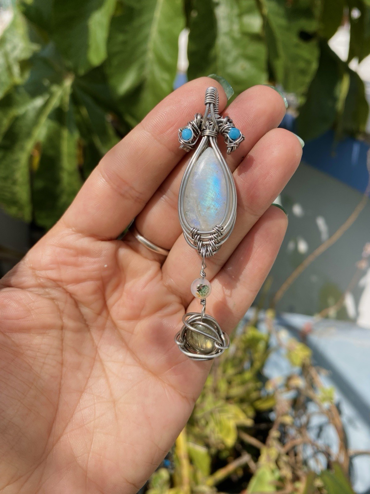 Handmade Wire Wrapped Moonstone & Labradorite Necklace Steel Wire & Chain