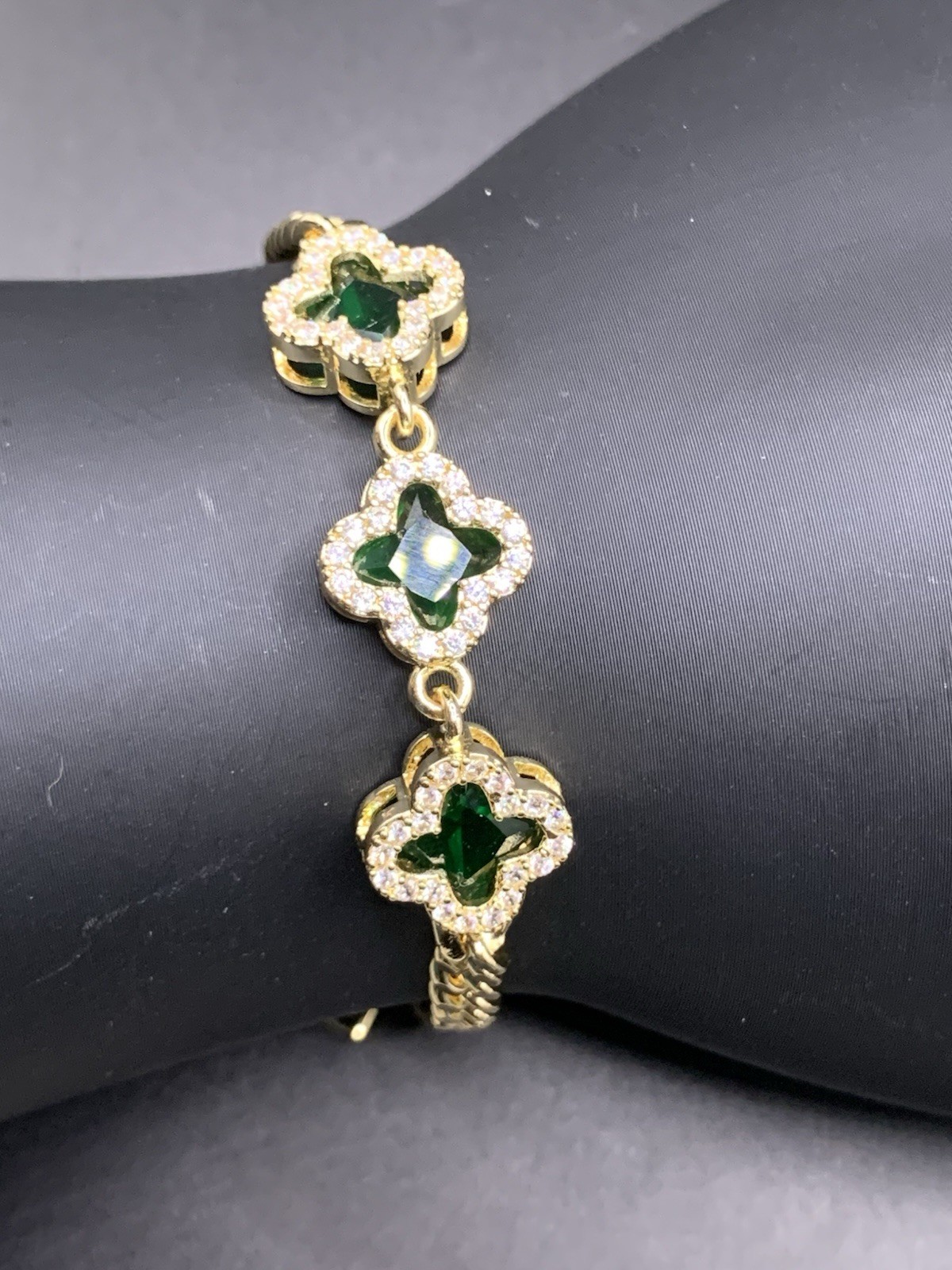 14k Yellow Gold Filled Green Sparkle And Cuban Bracelet