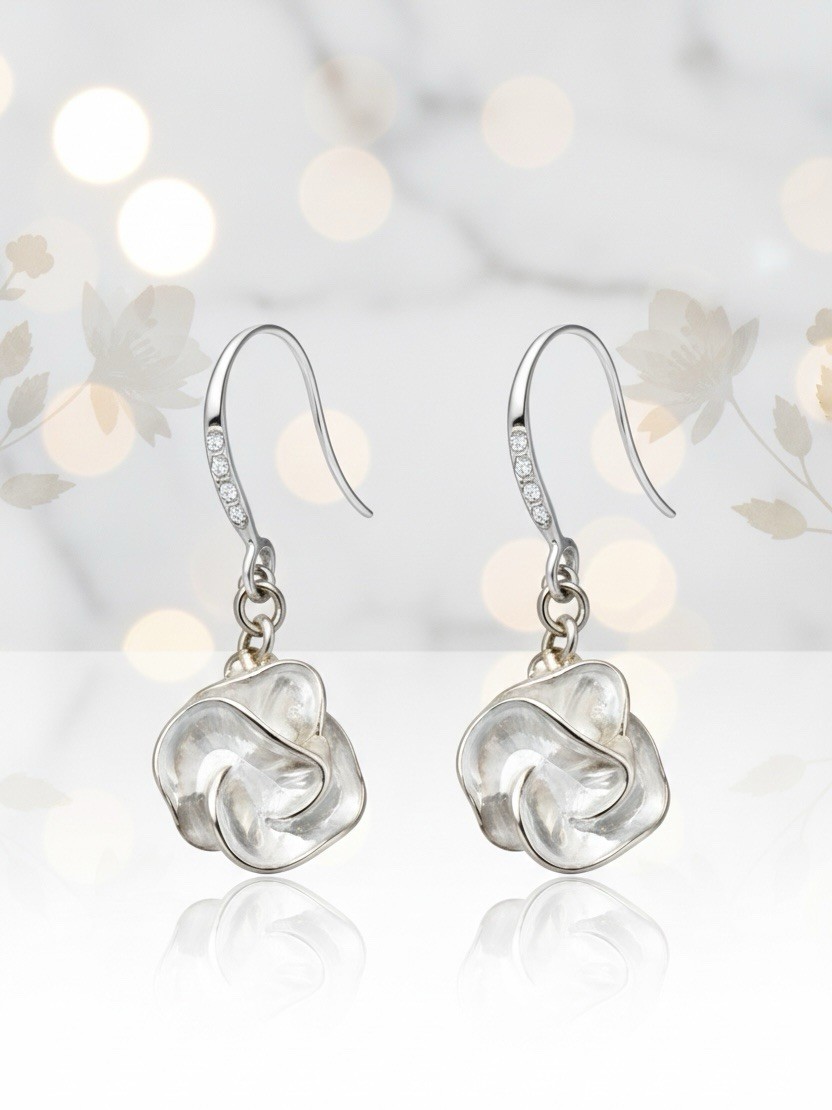 Elegant White Camellia Dangle Earrings Gold Enamel Floral Drop Hoop Women
