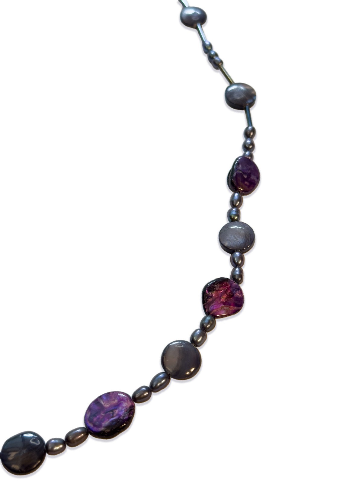 Pearl and Shell Beaded Blue and Purple Iridescent Necklace 24.25”