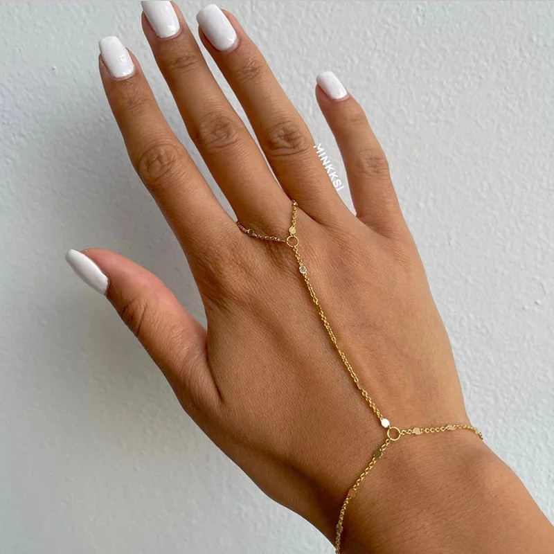 Hand Chain Bracelet with Ring Zircon Adjustable 14K Gold Plated Dainty Women