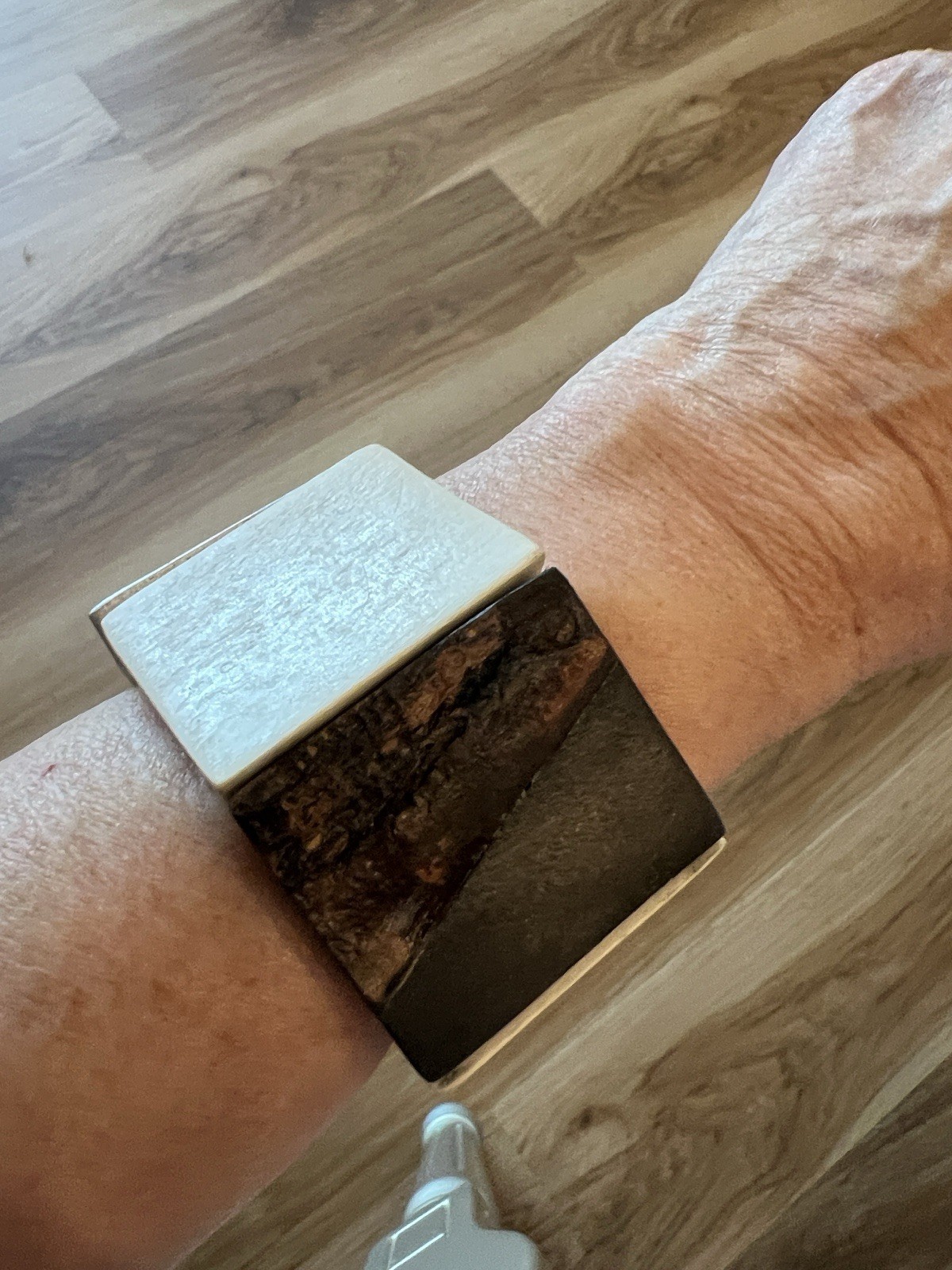 Chunky Cream, Silver, And Wood Tone Statement, Cuff Bracelet