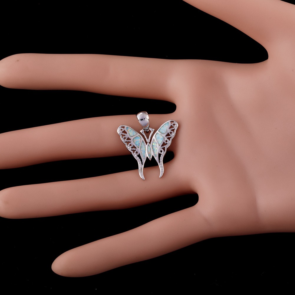 Hollow Butterfly White Fire Opal Silver Jewelry Necklace Pendant