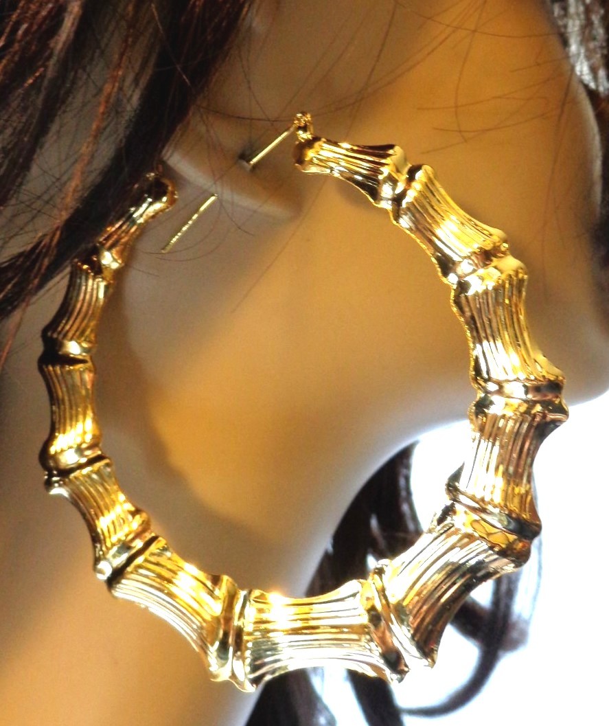 BIG BAMBOO HOOP EARRINGS FULL HOOP EARRINGS GOLD OR SILVER TONE 3.5 INCH HOOPS