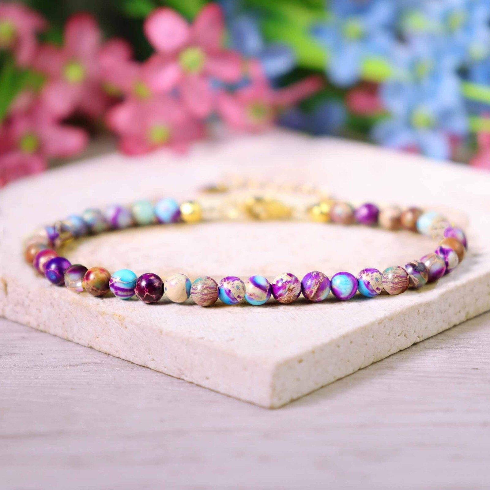 Purple Imperial Jasper Round Beaded Ankle Bracelet Dainty Summer Skinny Anklet