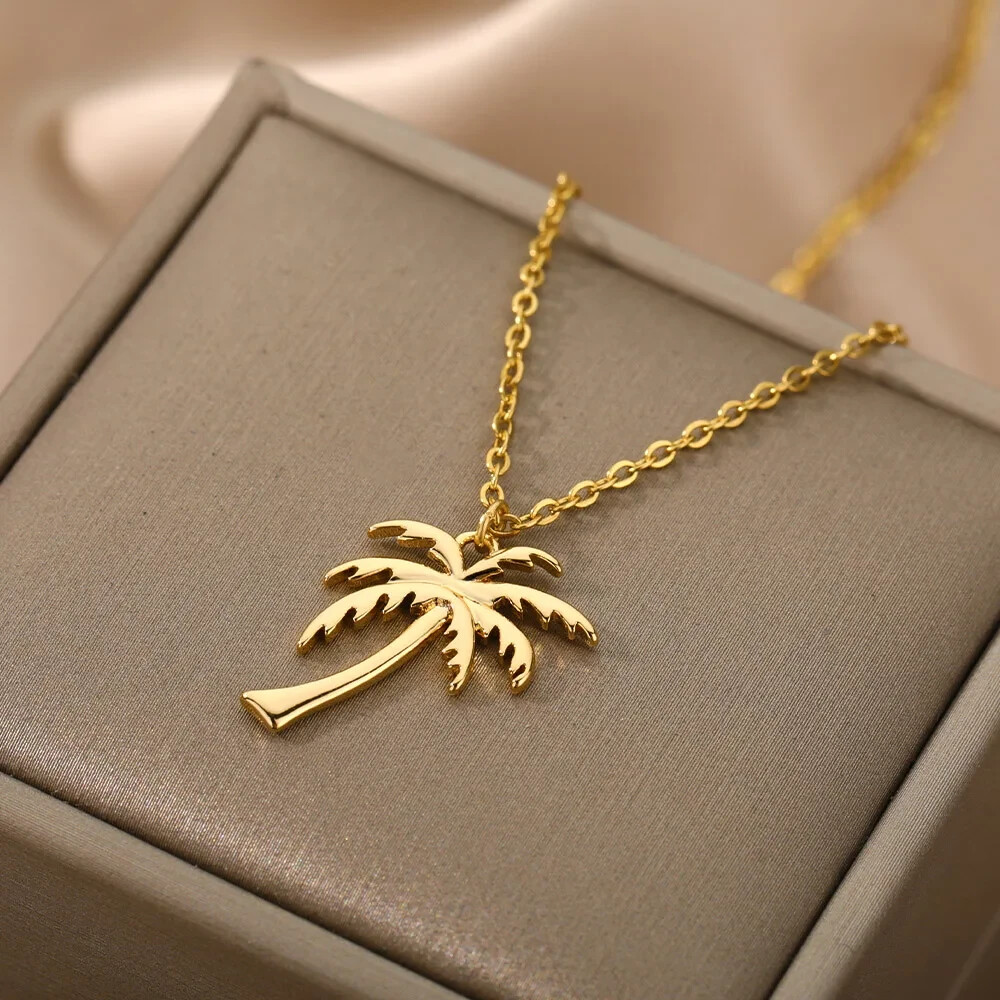 Gold Palm Tree Pendant Necklace Stainless Steel Coconut Tree, Beach Tropical