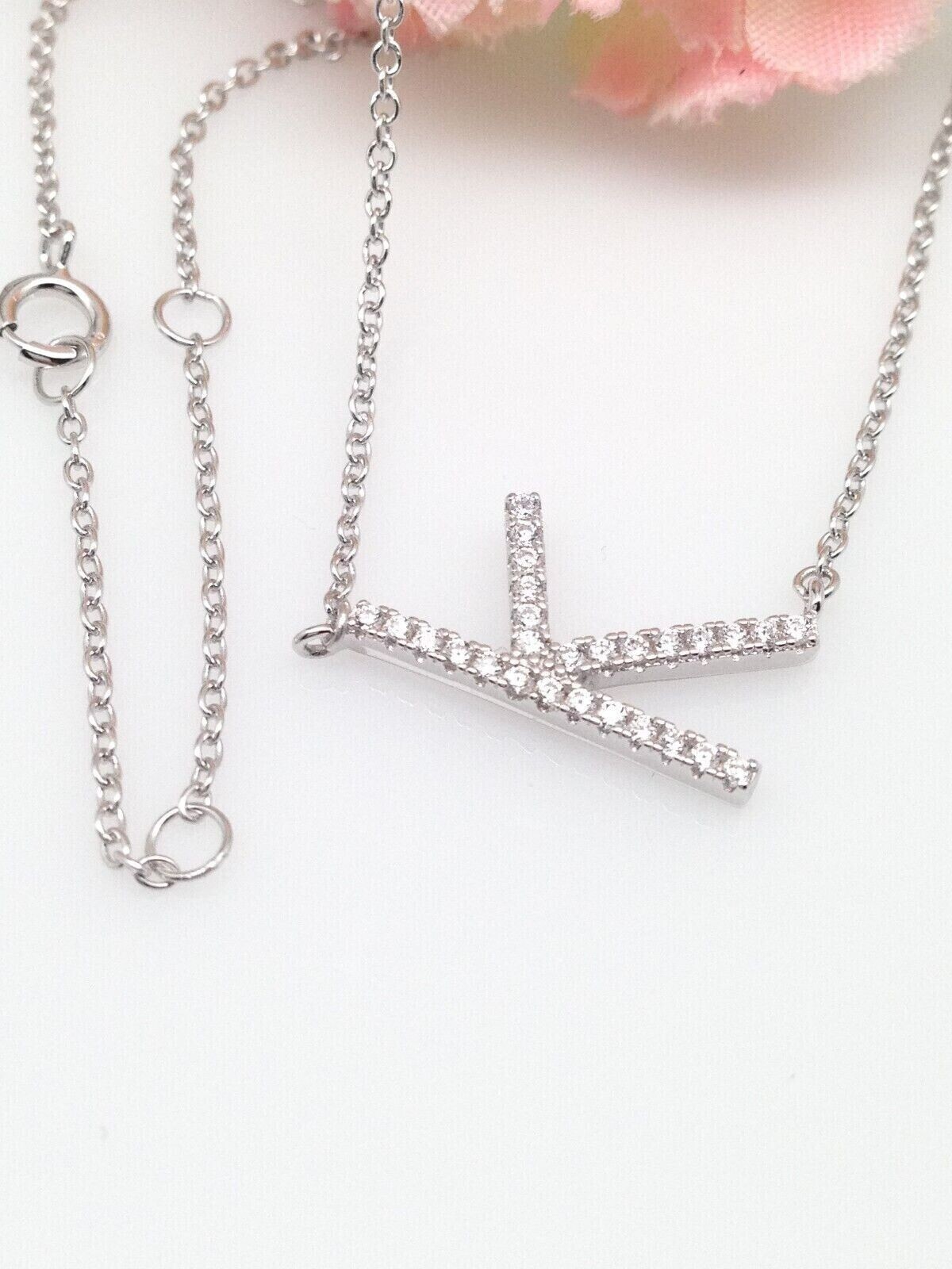 925 Sterling Silver CZ Sideways Initial Letter K Pendant Necklace Women 16mm