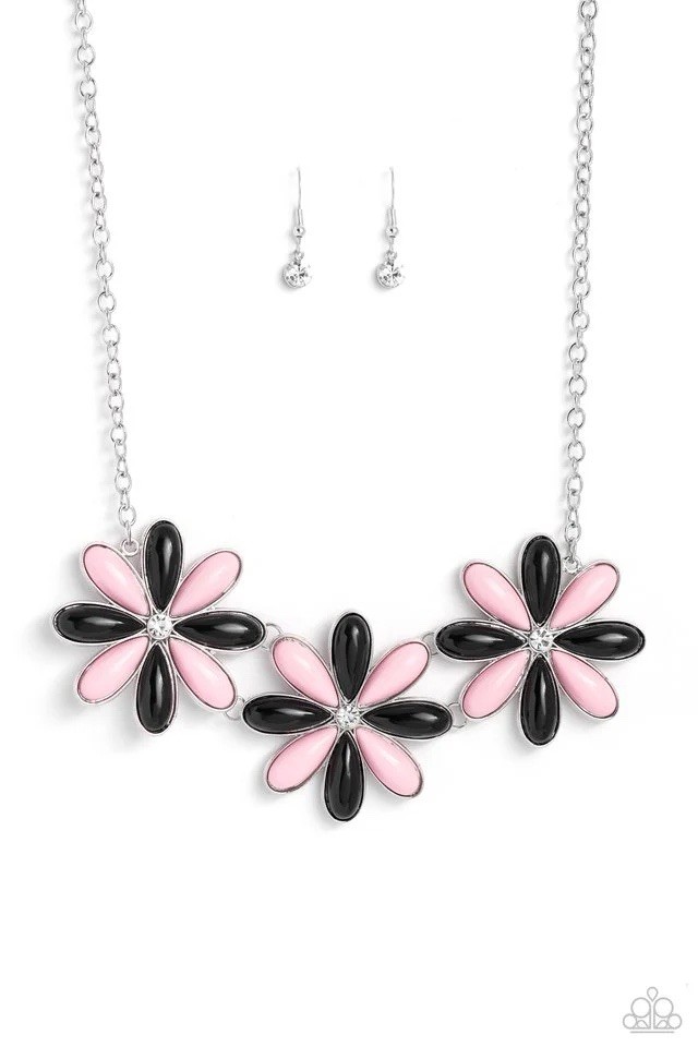 Silver Tone Pink & Black Flower Necklace