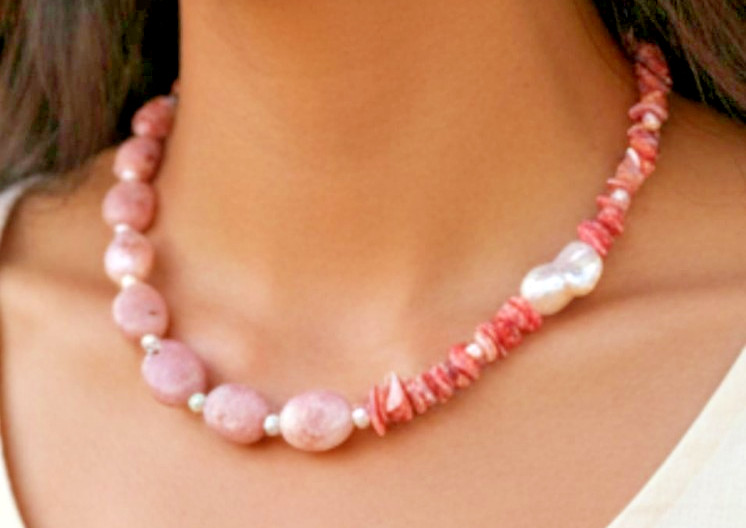 Baroque Pearl, Rose Opal, and Rhodochrosite Beaded Necklace, 20.5 in