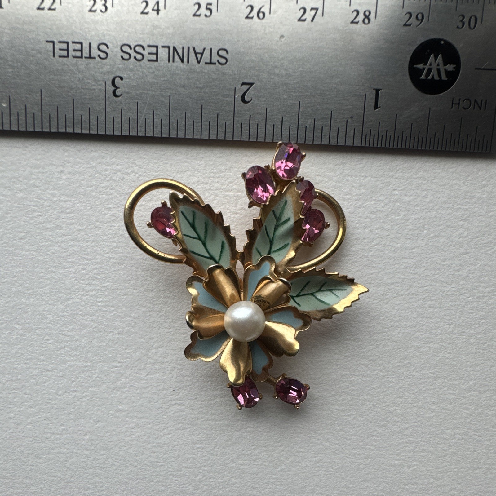 Gold Tone Floral Enamel Brooch Pin w/ Pink Rhinestones & Imitation Pearl