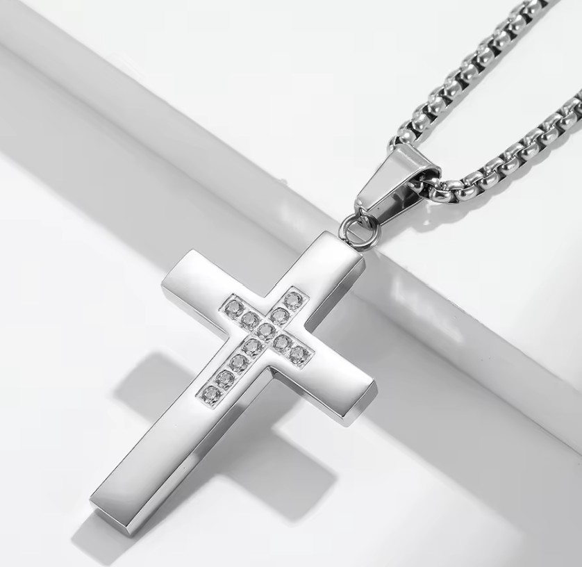 STAINLESS STEEL Zircon CROSS PENDANT with 60 cm (23.6in) rounded box chain