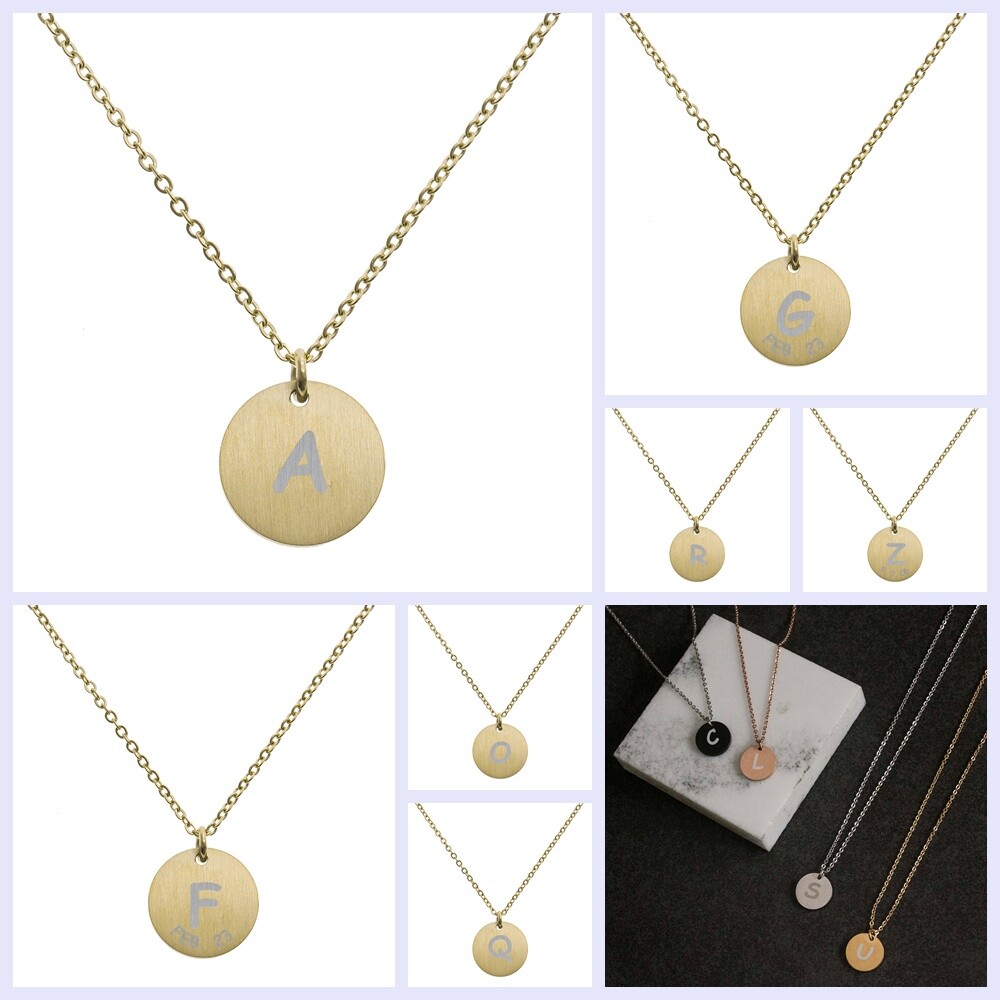 Engraved Gold Tone Metal Initial Letter Disc Pendant Chain Necklace 18.5in-2.5in