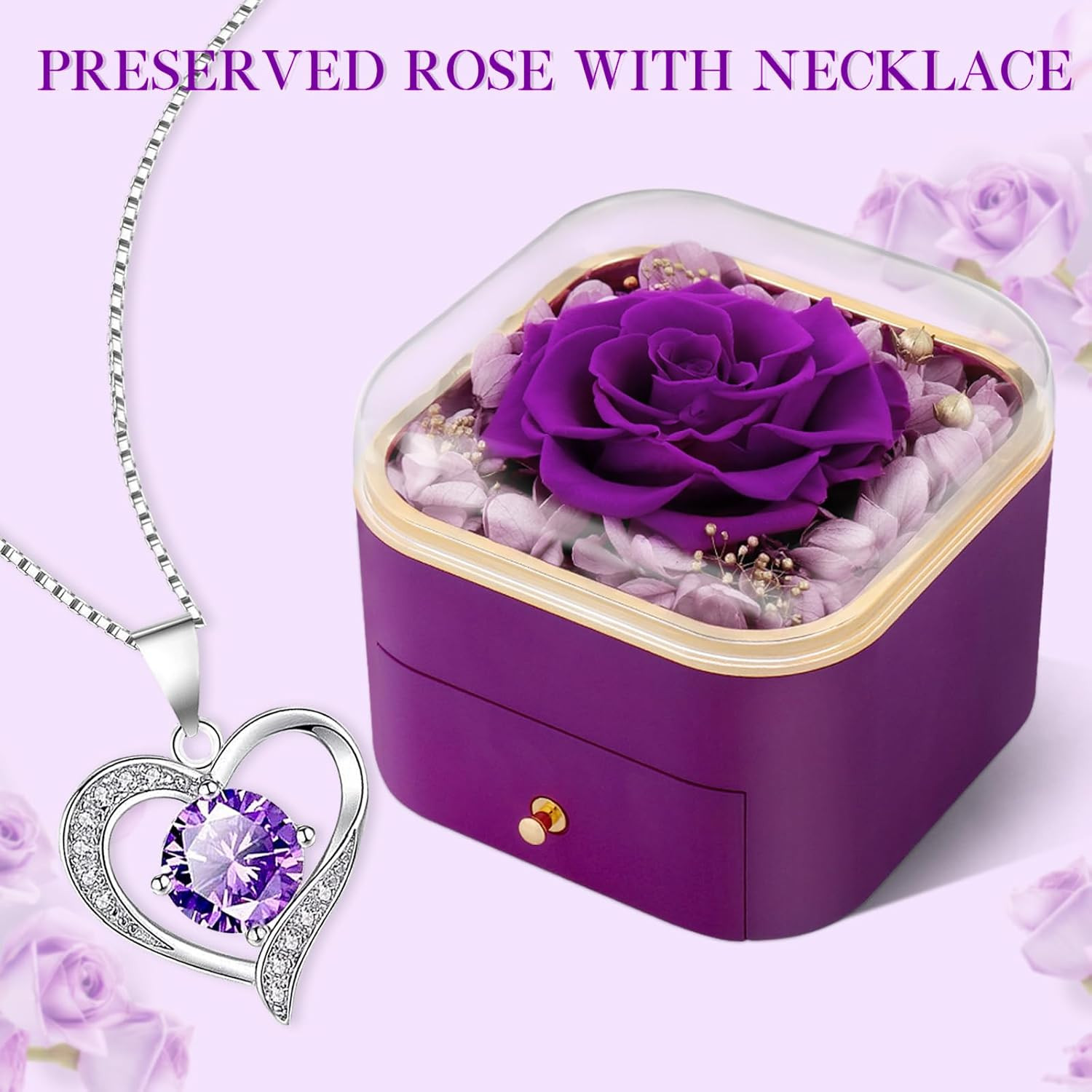 Birthday Gifts for Women Preserved Real Rose with Necklace Eternal Purple Roses
