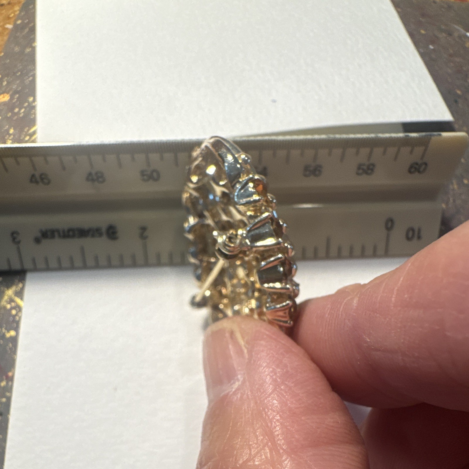 Gold Tone Metal Brooch Pin w/ Yellow Prong-Set Rhinestones. Vintage. Stamped.