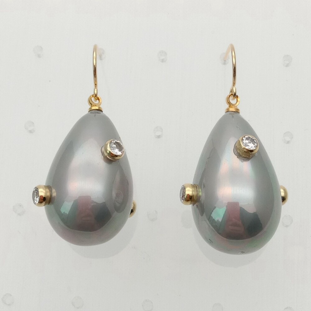 Grey Teardrop Sea Shell Pearl Cz Pave Gold Plated Hook Earrings