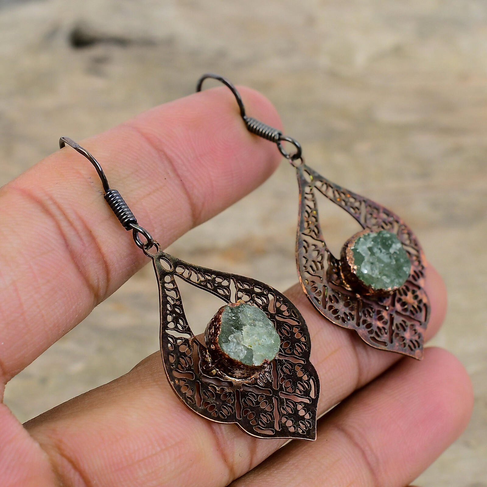 Aquamarine Rough Copper Mother Gift Electroformed Drop/Dangle Earrings 2.24″