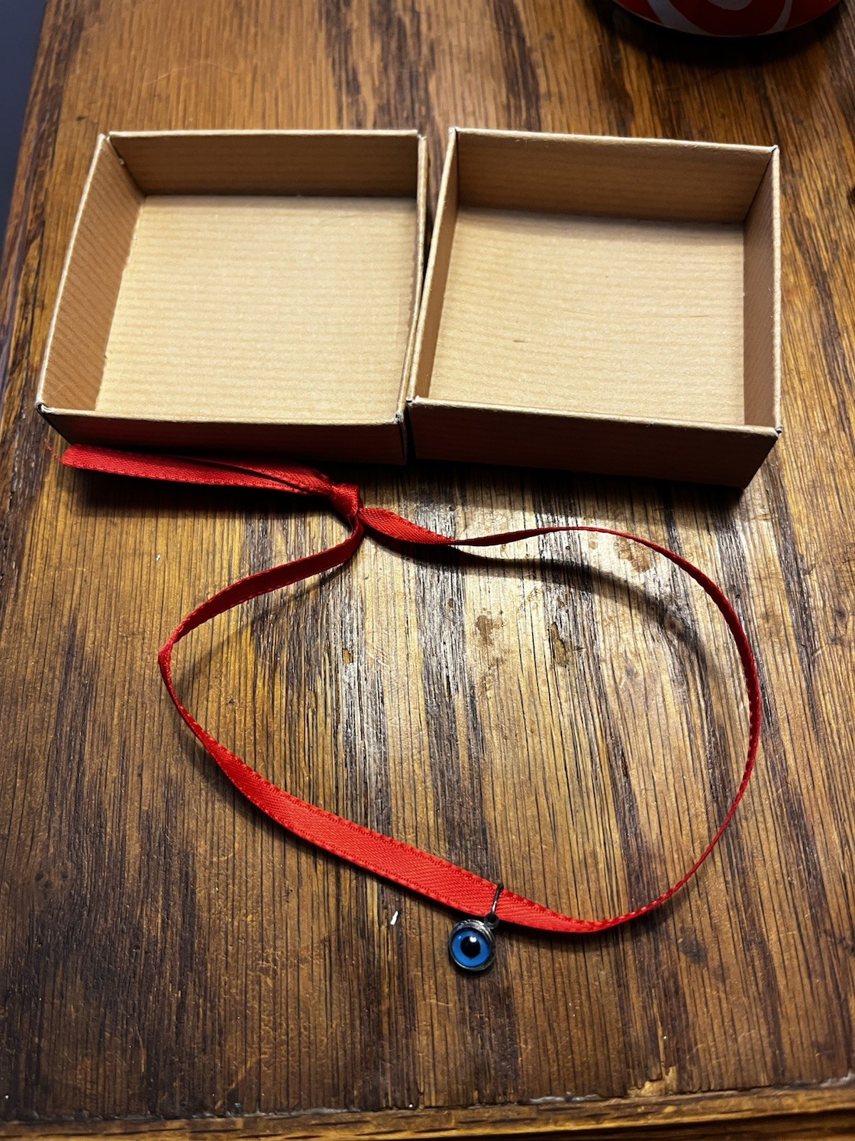 Red Ribbon bracelet with Blue Round Evil Eye Charm Pendant