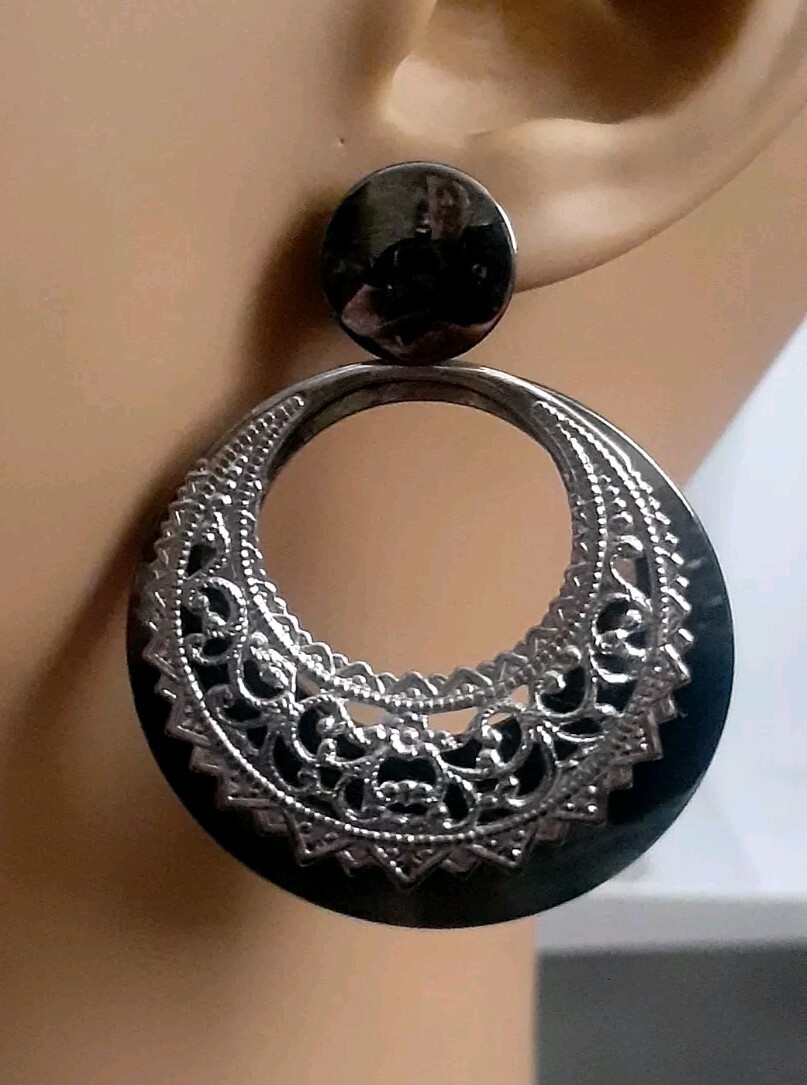 Metallic Gun Metal Grey Silvertone Double Round Door knocker Earrings