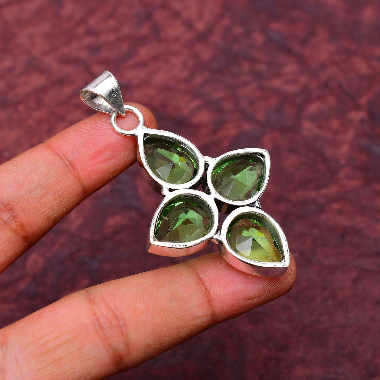 Green Amethyst Gemstone 925 sterling silver Handmade Cross Pendant jewelry 2.75″